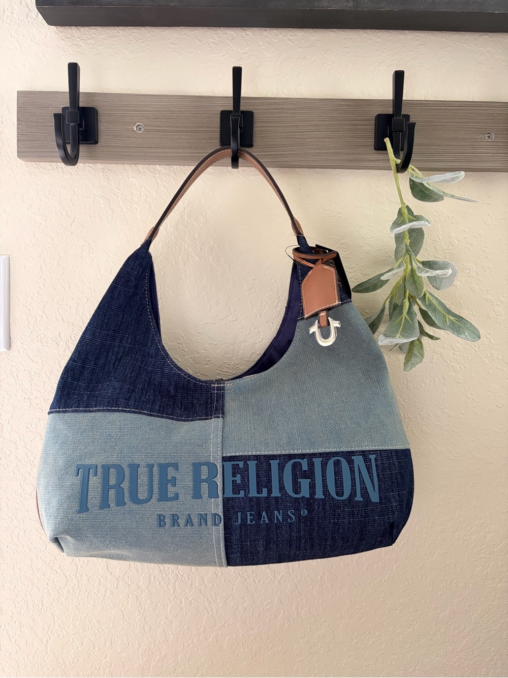 True Religion Denim Patchwork Hobo Shoulder Bag Horseshoe Charm